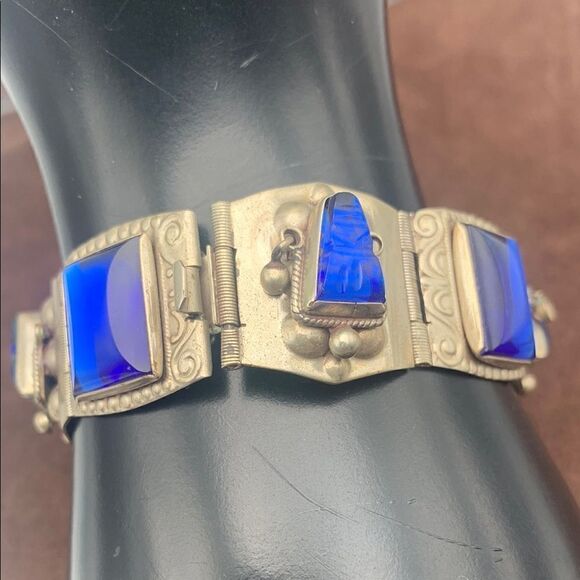 Vintage 60s TAXCO Mexican deity Blue glass panel bracelet 925 Sterling, Stamped - Picture 3 of 4